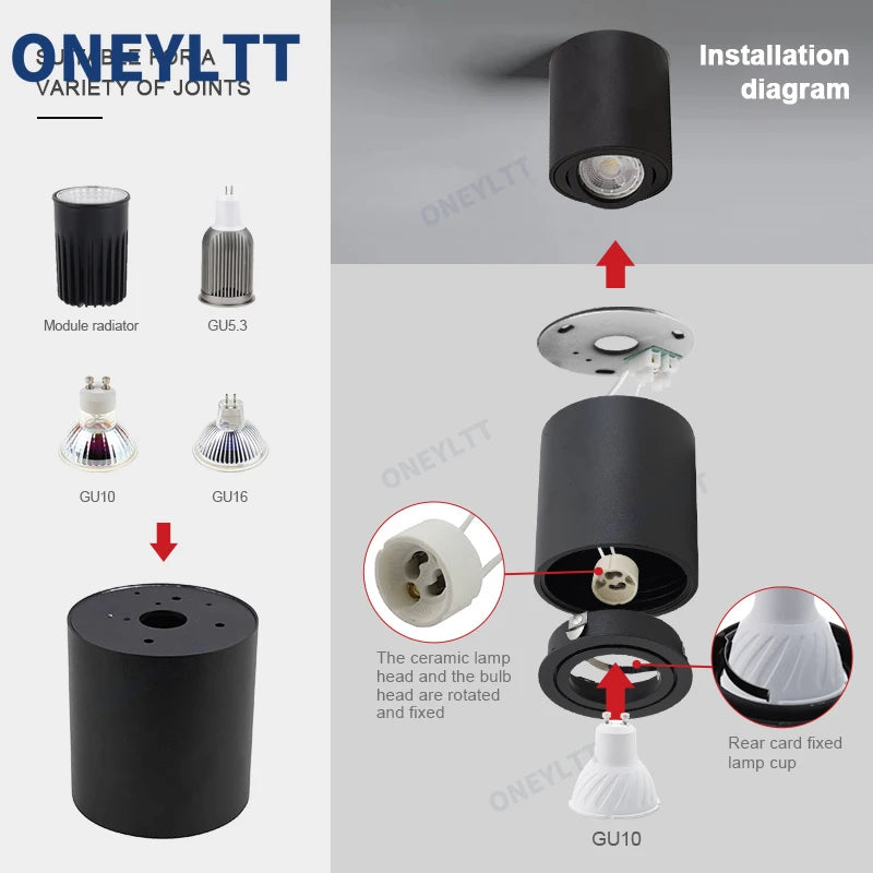 Spotlight GU10 Fitting Round LED Surface Mounted Ceiling Spot Light GU 10 Halogen Bulb Cylinder Down Lamp Fixture 220V