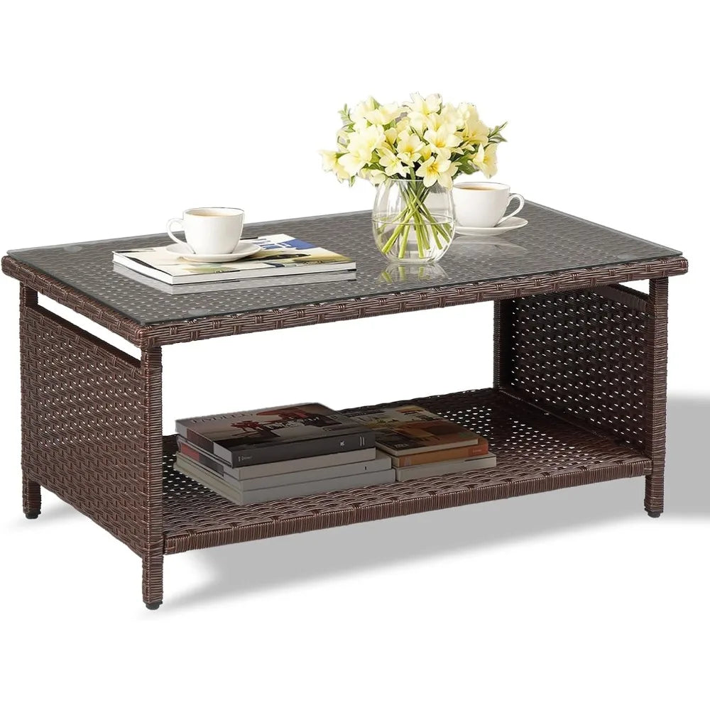 Mesa de centro de mimbre para exteriores, mesas de centro de patio para exteriores, mesa de mimbre con parte superior de vidrio templado con mesa de centro de almacenamiento para patio
