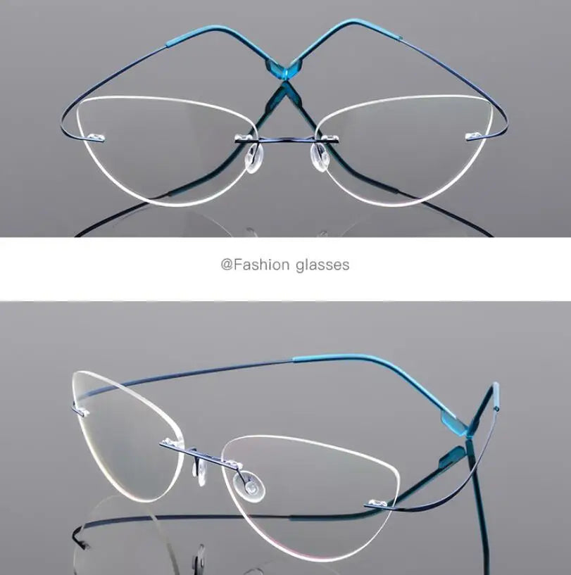 1.61 index Lens Frameless Cat Eye Myopia Eyeglasses Ultralight Rimless Blue Light Blocking Prescription Glasses -0.5 -0.75 to -6