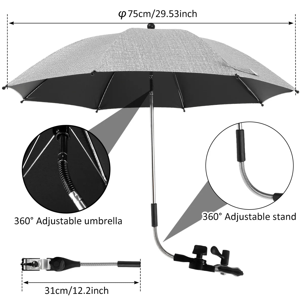Sombrilla Universal Para Cochecito de Bebé, Protección UV, Sol y Lluvia, Parasol Ajustable 360°, Sombrilla Para Silla de Patio o Playa, Impermeable