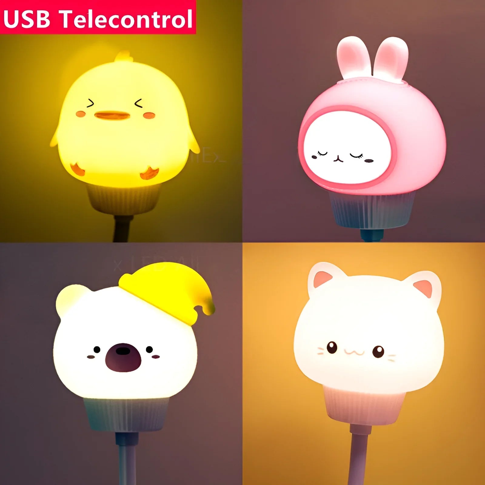 Luz de noche USB LED de dibujos animados de animales tiernos, lámpara de noche de oso, pollito, gatito para decoración de dormitorio de bebé, lámpara de mesita de noche