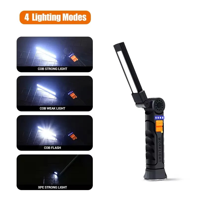 Linterna de trabajo LED COB XPE plegable con batería incorporada, lámpara de mano, antorcha de inspección para coche de emergencia, luz estroboscópica SOS roja