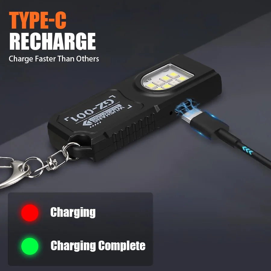 Potente linterna LED COB en miniatura para llavero, recargable por USB, luz de trabajo colgante, impermeable, para camping, senderismo, bolsillo, llavero.