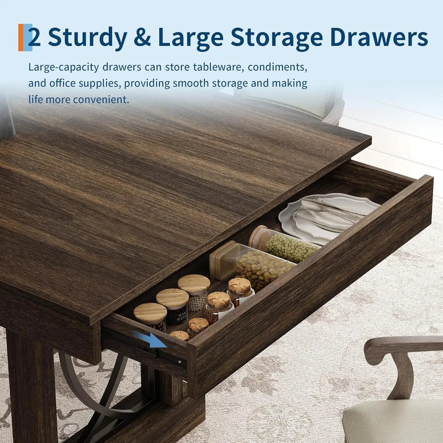 Mesa de cocina rectangular de madera con doble pedestal y tablero grande, mesa de comedor para 6-8 personas con 2 cajones, nogal