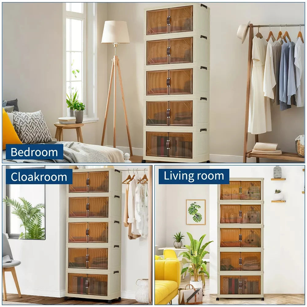 Organizador de Almacenamiento, Cajas de Almacenamiento de Ropa Apilables de 5 Niveles con Ruedas, Cajones Plegables para Ropa, Organizador de Armario para Dormitorio