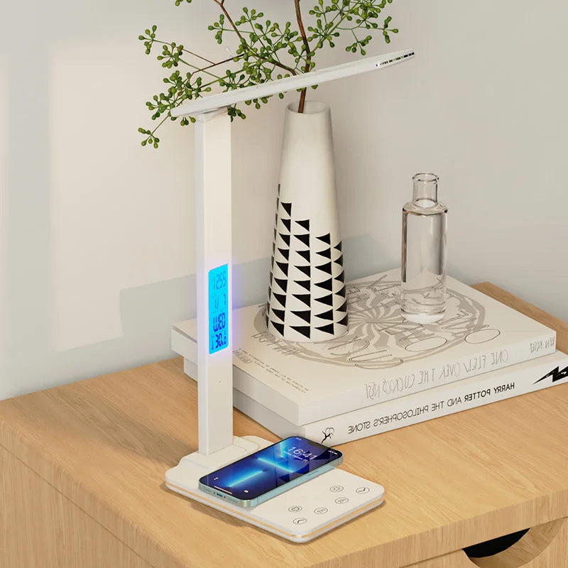 Lámpara de Escritorio Plegable para Leer con Enchufe USB, Lámpara de Escritorio de 15W con Carga Inalámbrica para Teléfono Móvil, con Temporizador, Luz de Protección Ocular para Dormitorio y Oficina