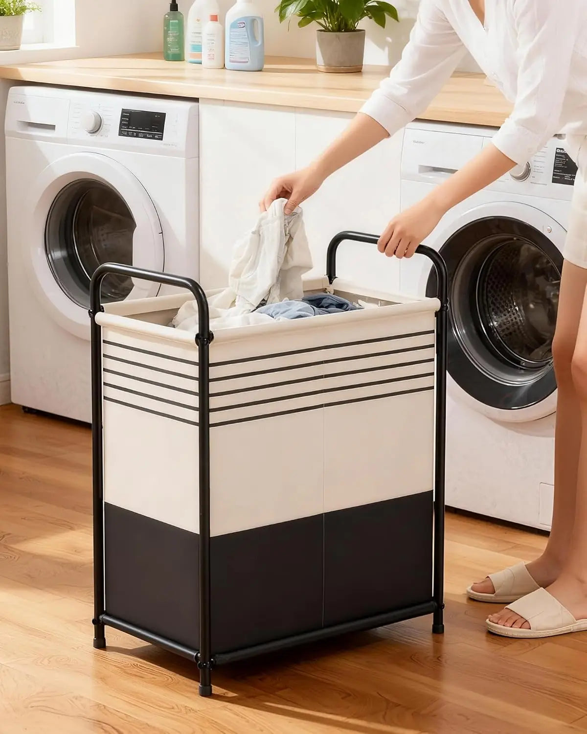 Cesto de ropa sucia con doble sección, tapa y bolsas extraíbles, cesta portátil de 120 L para dormitorio, baño, universidad
