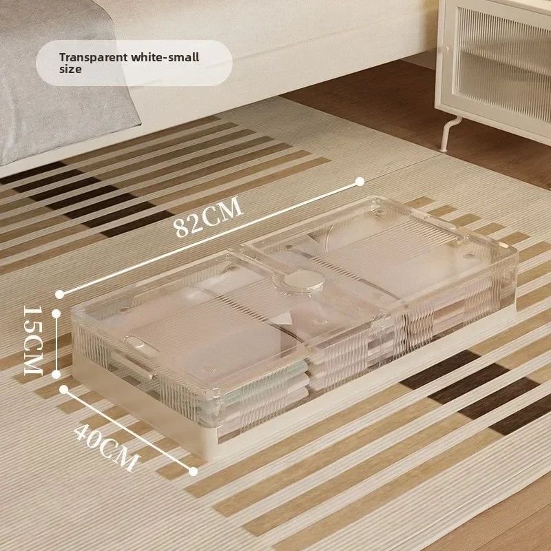 Caja de almacenamiento plegable debajo de la cama. Caja de almacenamiento transparente de plástico extragrande con ruedas a prueba de polvo. Caja organizadora de ropa y edredones.