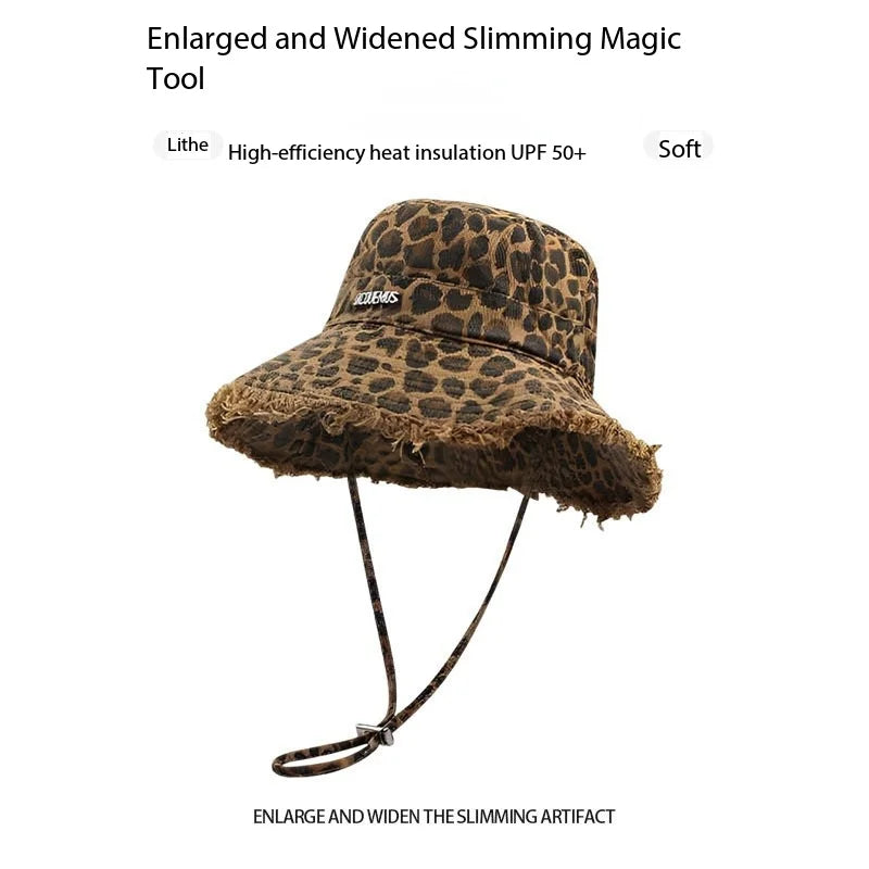 Sombrero de pescador con estampado de leopardo americano, estilo femenino, gorro pequeño que realza el rostro, sombrero tipo pescador estilo "chica picante"