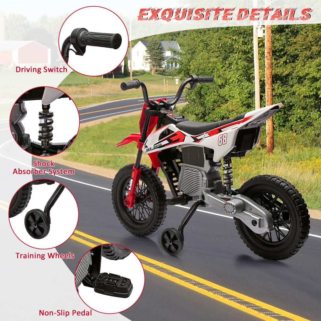 Moto eléctrica de motocross de 12 V para niños con ruedas de entrenamiento, acelerador de puño, velocidad máxima de 3 mph y música