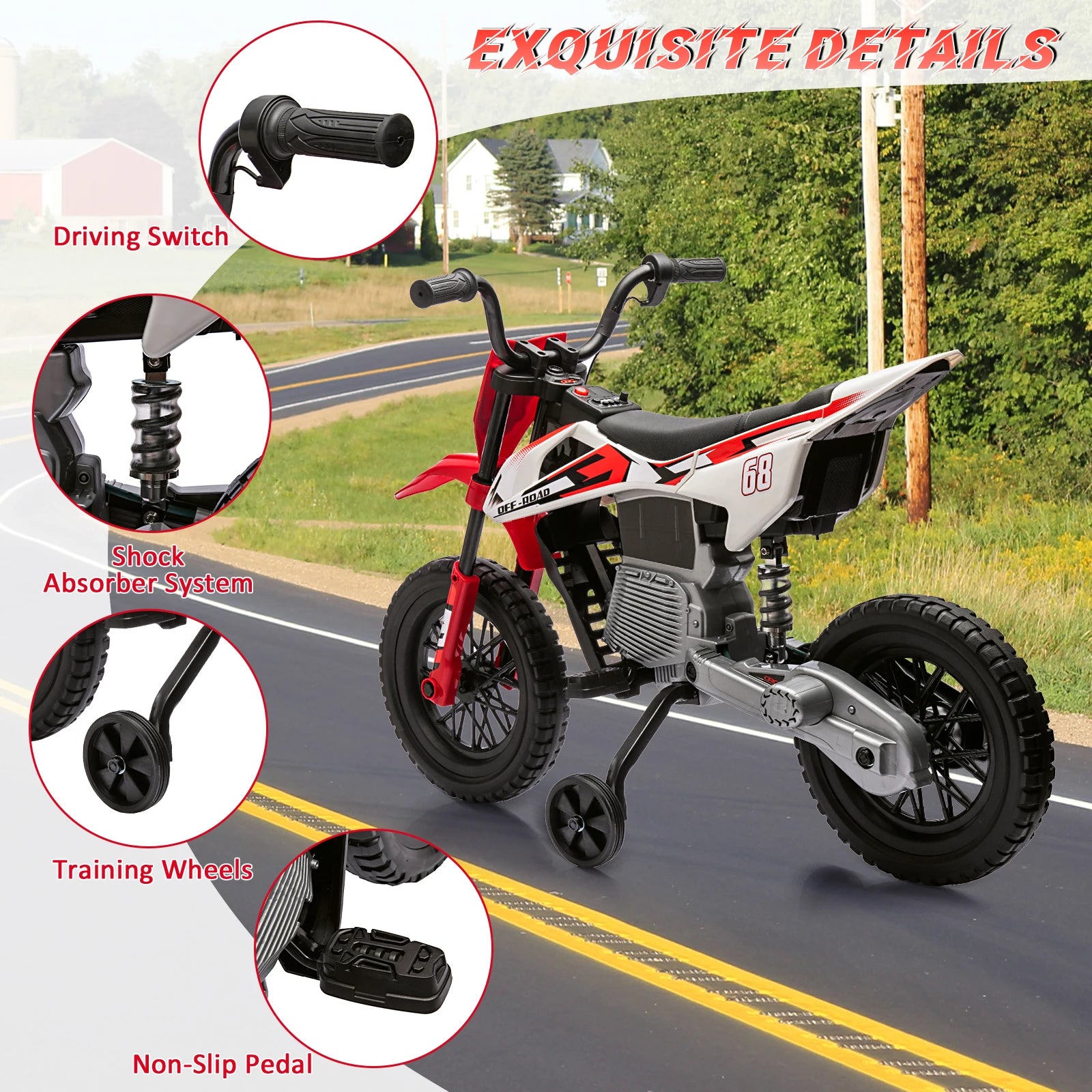 Moto eléctrica de motocross de 12 V para niños con ruedas de entrenamiento, acelerador de puño, velocidad máxima de 3 mph y música