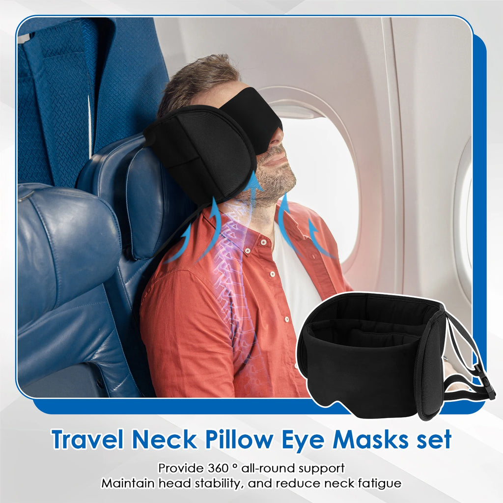 Almohada de viaje 2 en 1 de algodón, cómoda para el cuello y la cabeza, con antifaz y bolsa de almacenamiento. Almohada de avión con soporte de 360° para viajar.