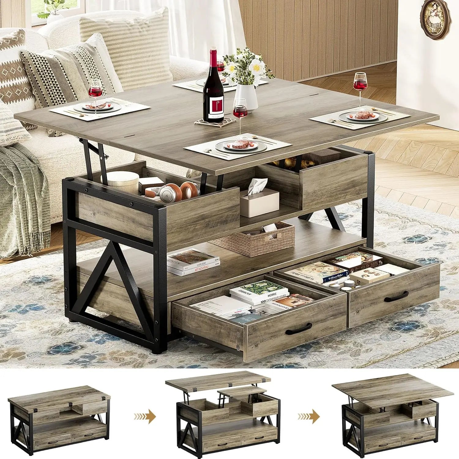 Mesa de centro elevable de 40", mesas de centro elevables multifuncionales 4 en 1 con cajones de almacenamiento y compartimento oculto, mesa de estilo rústico