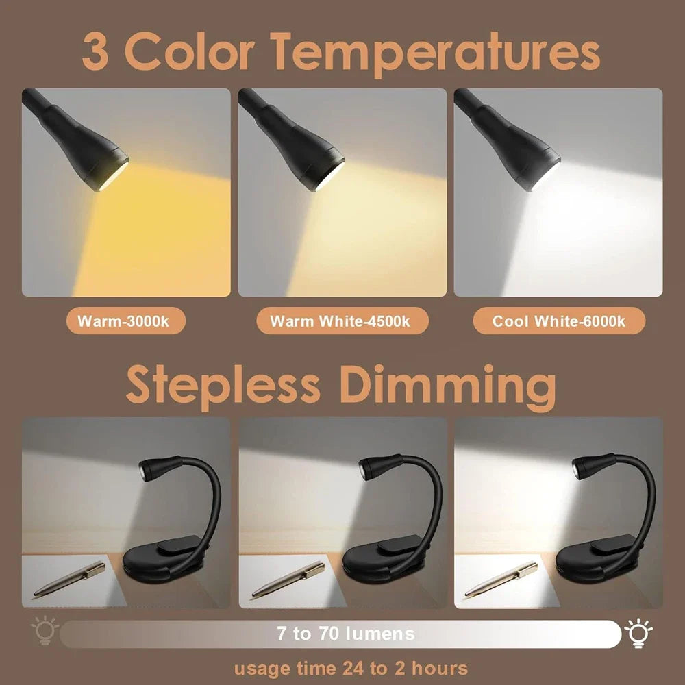 Mini lámpara de lectura LED de 3 colores con protección ocular, clip ajustable, giro de 360°, recargable, para viajes, dormitorio, lectura