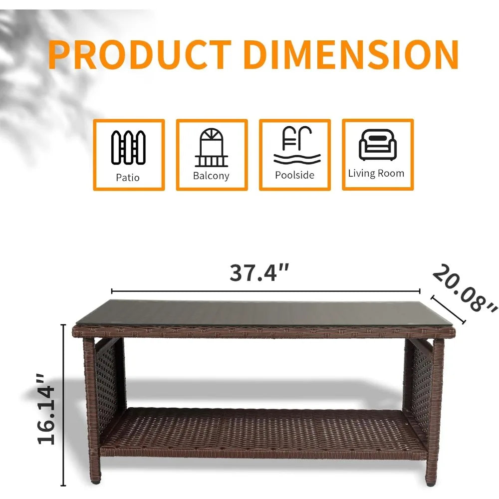 Mesa de centro de mimbre para exteriores, mesas de centro de patio para exteriores, mesa de mimbre con parte superior de vidrio templado con mesa de centro de almacenamiento para patio