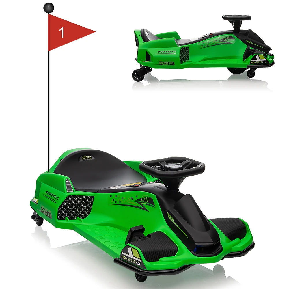 Go-Kart eléctrico de 24 V para niños, juguete de carreras de derrape para exteriores con velocidades variables de hasta 12 km/h, luces LED, música, puerto USB
