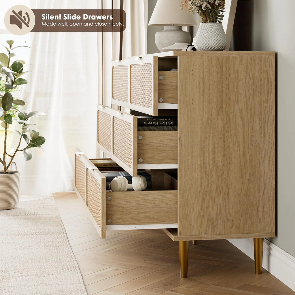 Cómoda de ratán de 6 cajones, cómoda de almacenamiento grande de ratán natural tejido a mano y madera con cajones profundos para dormitorio o sala de estar