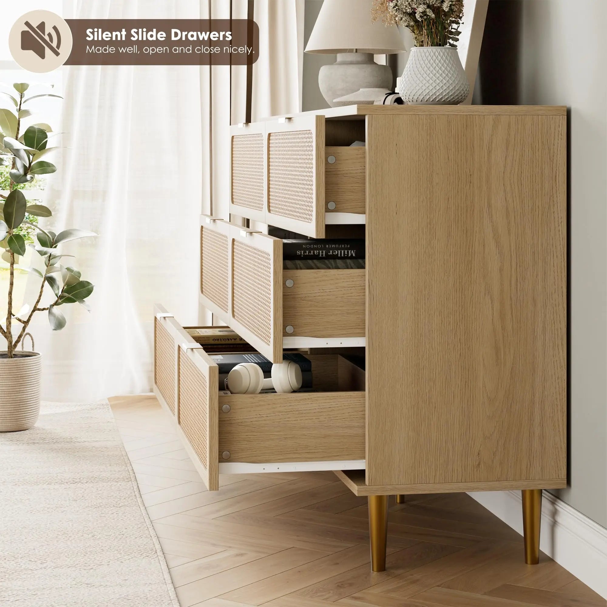 Cómoda de ratán de 6 cajones, cómoda de almacenamiento grande de ratán natural tejido a mano y madera con cajones profundos para dormitorio o sala de estar