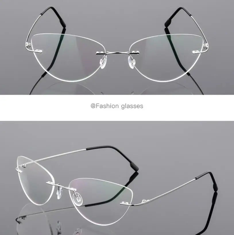 1.61 index Lens Frameless Cat Eye Myopia Eyeglasses Ultralight Rimless Blue Light Blocking Prescription Glasses -0.5 -0.75 to -6