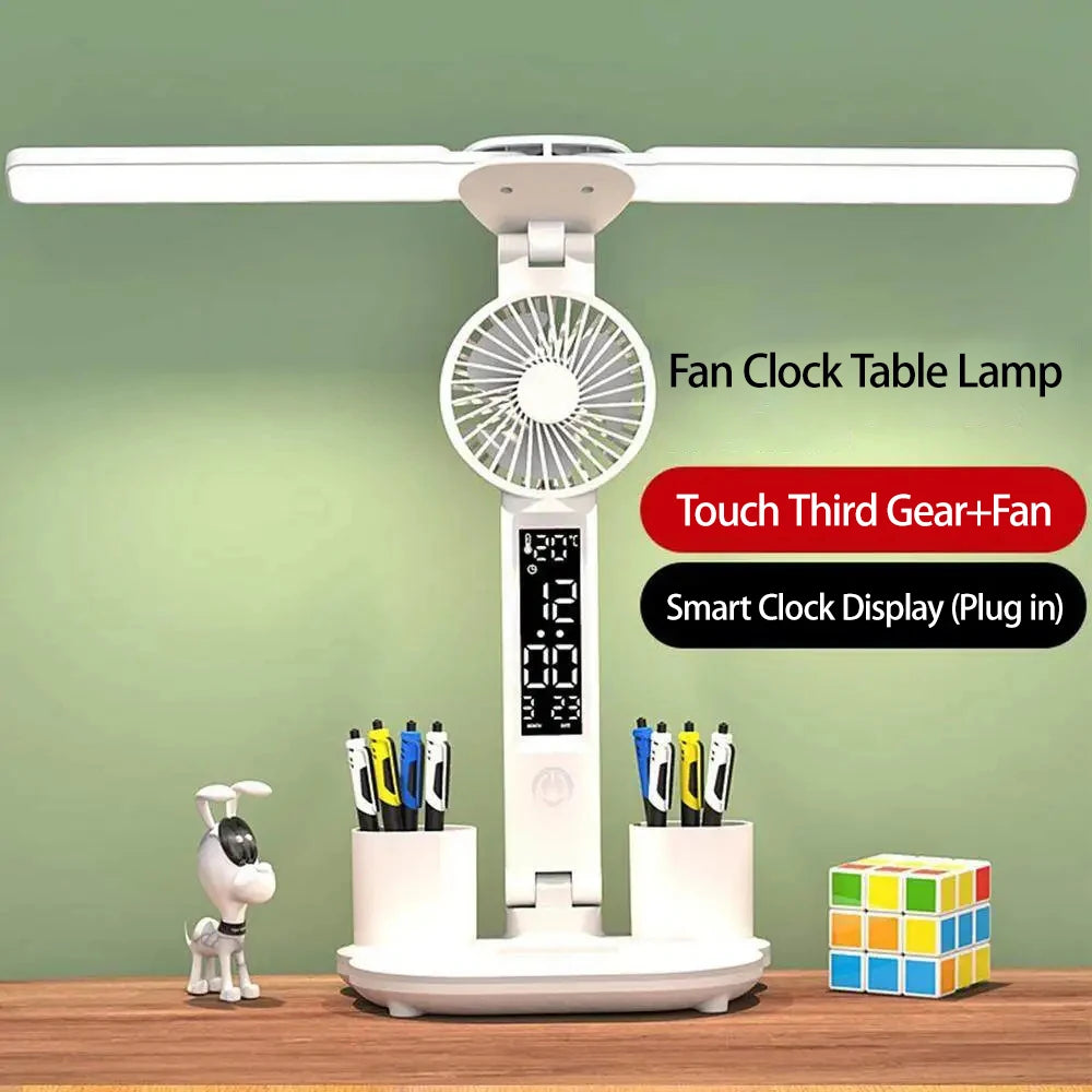 Lámpara de escritorio LED, ventilador portátil plegable, lámpara con reloj de pantalla inteligente, lámpara de escritorio recargable por USB, luz de escritorio para lectura y estudio con protección ocular.