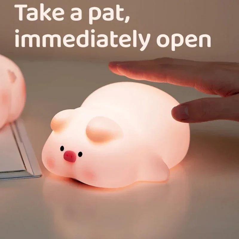 Luz de noche de cerdito rosa, linda lámpara de noche de silicona, lámpara de palmada LED, decoración de habitación, carga USB, lámpara de ambiente interior, regalo para niños