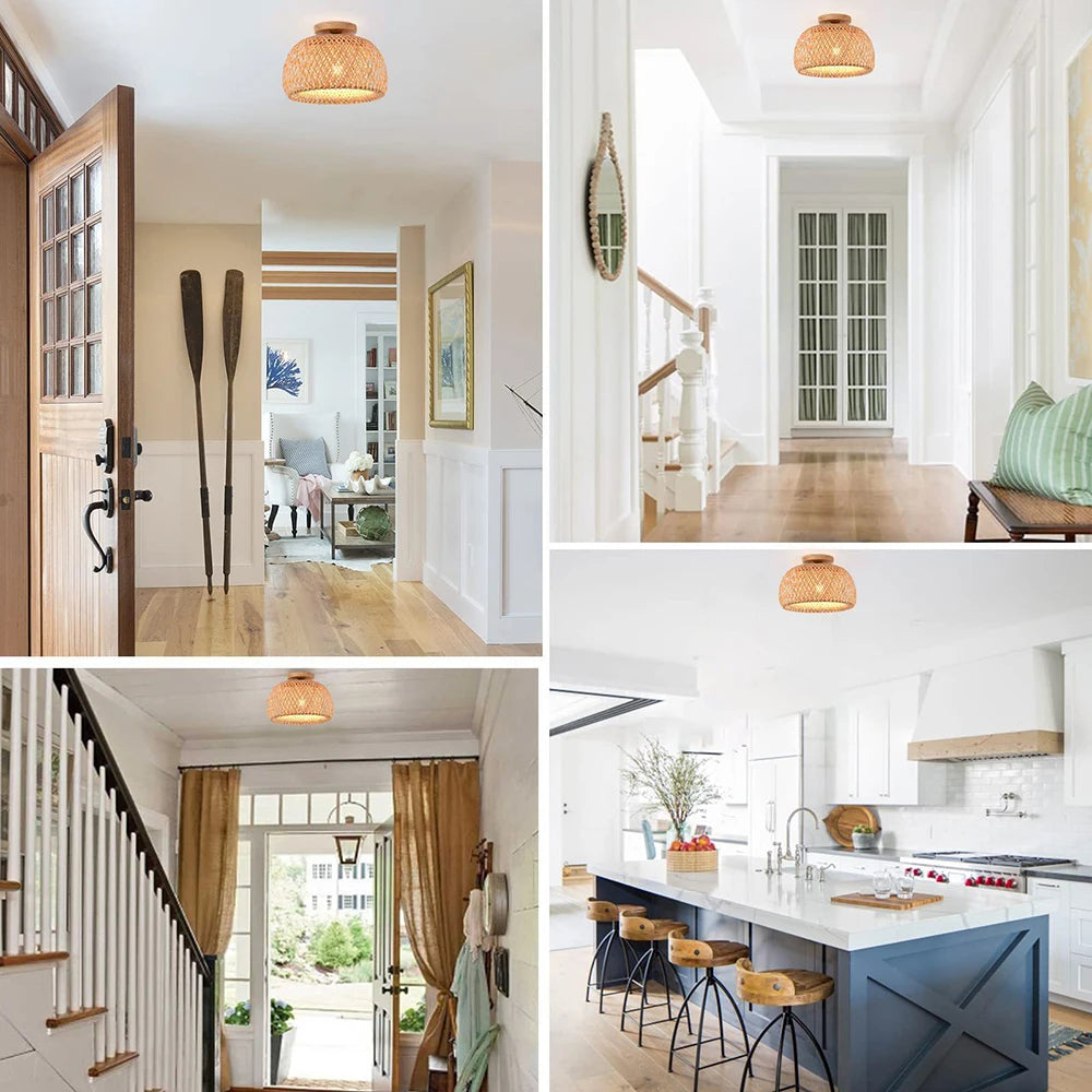 Lámparas de techo de bambú tejidas a mano de 30cm, lámpara de techo colgante LED, candelabro de mimbre, artesanía tejida a mano para decoración del hogar y dormitorio
