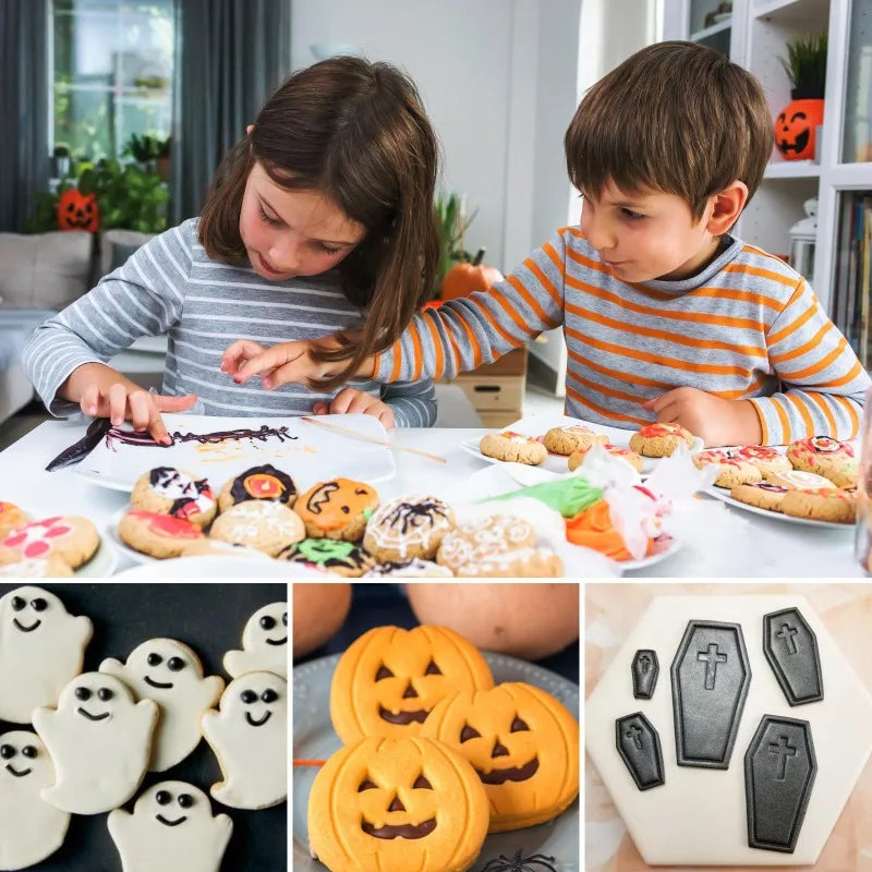 6 piezas Moldes cortadores de galletas de Halloween de acero inoxidable Fantasma Calabaza Calavera Ataúd Moldes para hornear Magdalenas Chocolate Galletas