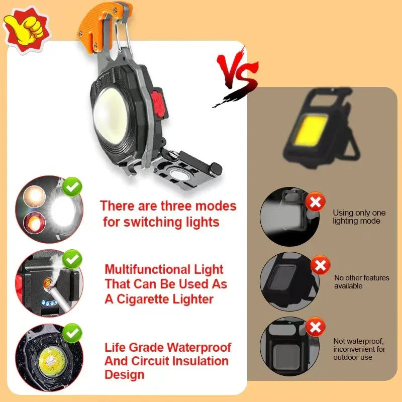 Linternas de trabajo llavero COB, 7 modos de iluminación, luces multifunción recargables, cortador de cinturón de seguridad, destornillador, silbato
