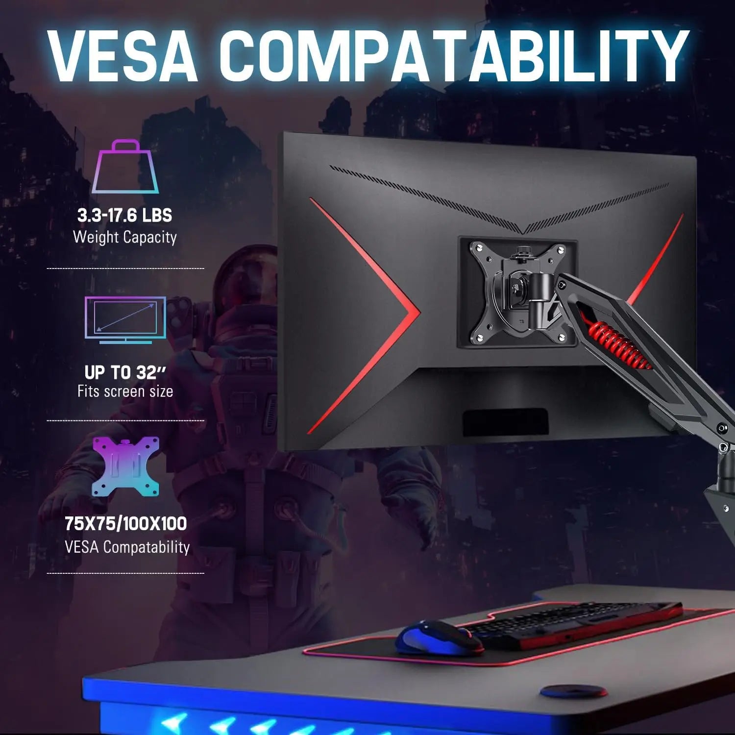Brazo de monitor ajustable para videojuegos con resorte mecánico, abrazadera en C y base de ojal para pantallas de hasta 32", compatible con VESA