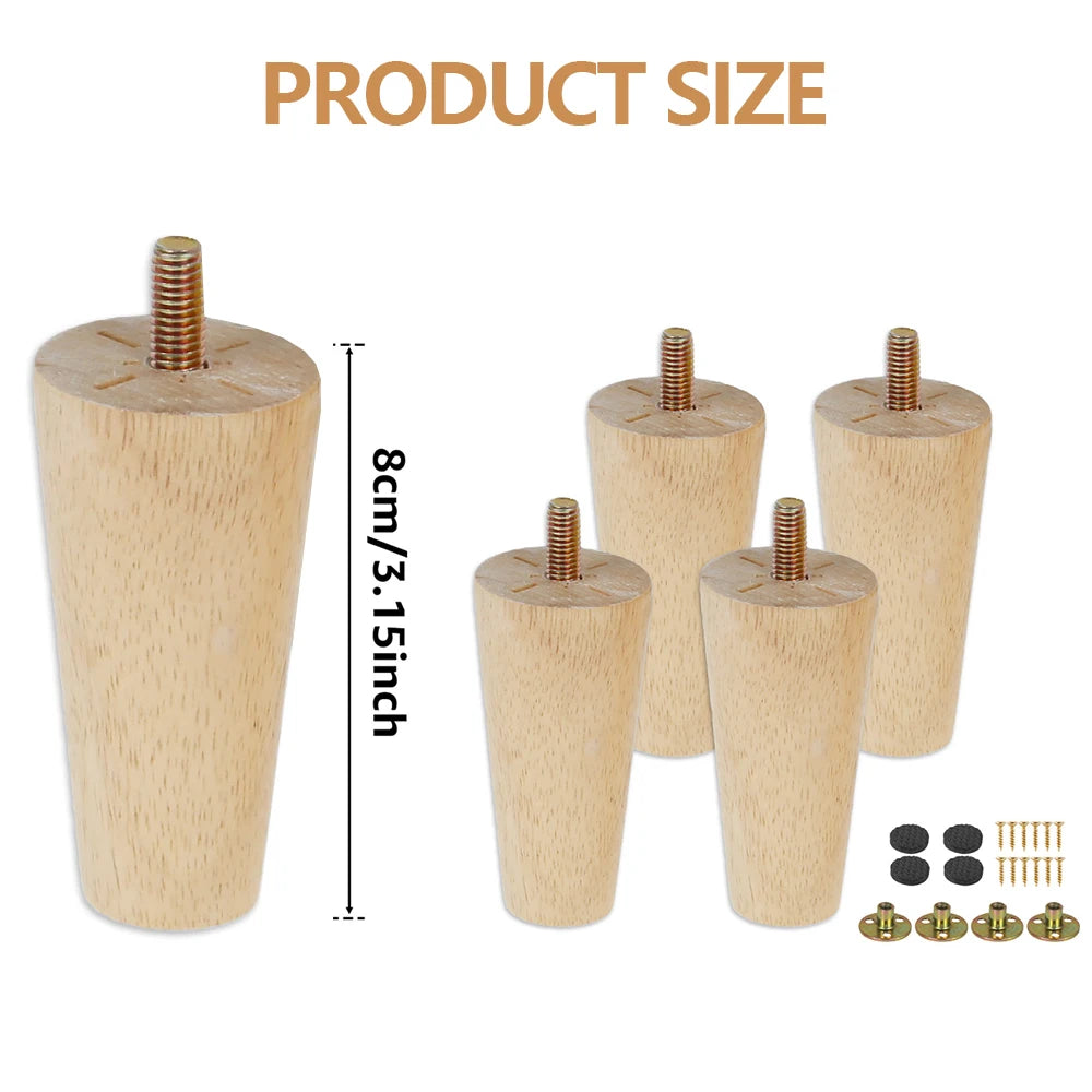 4 Patas de Madera de Repuesto para Muebles, Patas de Mesa de 8/15/20cm de Altura con Tornillos y Almohadillas para Sofá, Silla, Cama, Armario