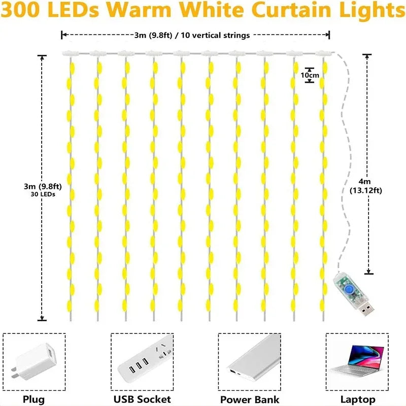 Bright 300 LED Curtain Light, Plug in Fairy Lights for Bedroom, Christmas Hanging String Lamp Outdoor for Window Backdrop Wall