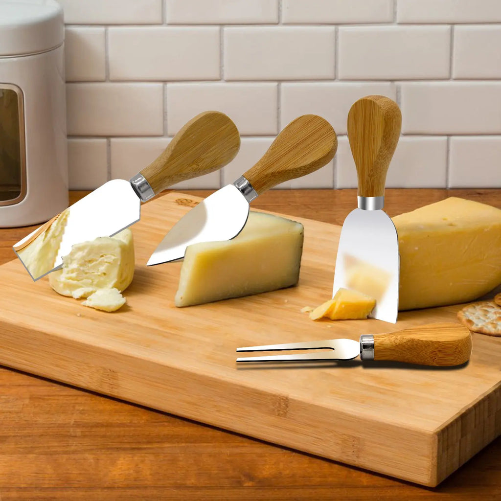 Juego de 4 cuchillos para queso de acero inoxidable con mango de madera, cortador y esparcidor de mantequilla YY062