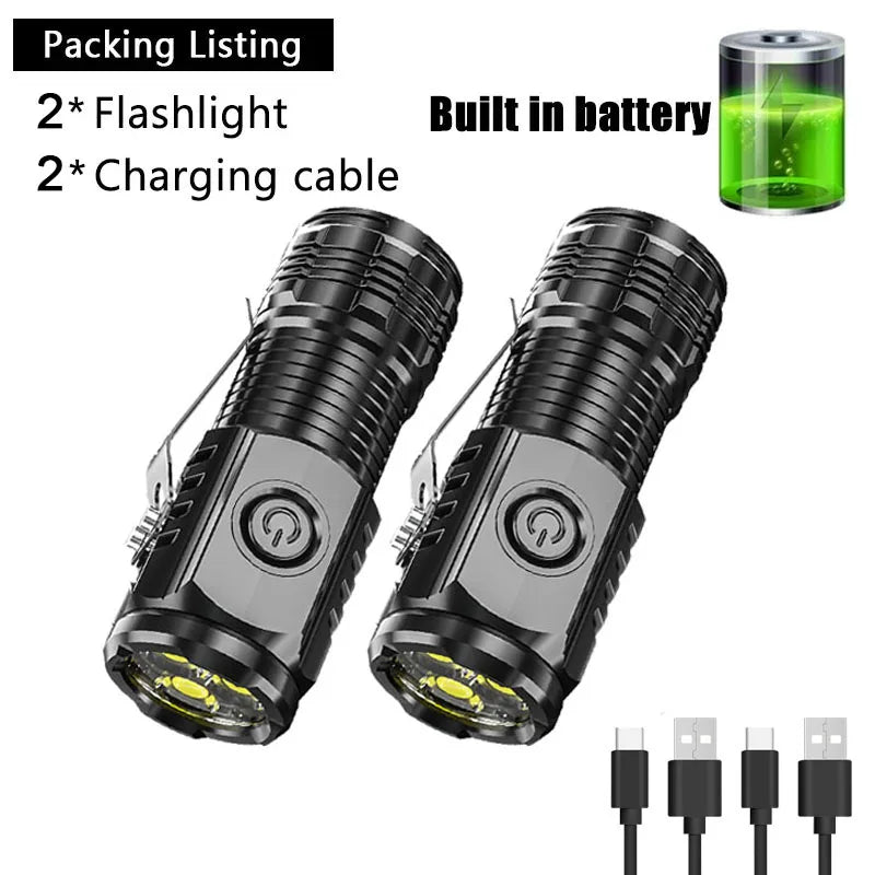 Mini linterna superbrillante de 3 LED con clip para bolígrafo e imán en la parte trasera, batería integrada, carga USB, antorcha portátil para exteriores, lámpara de emergencia