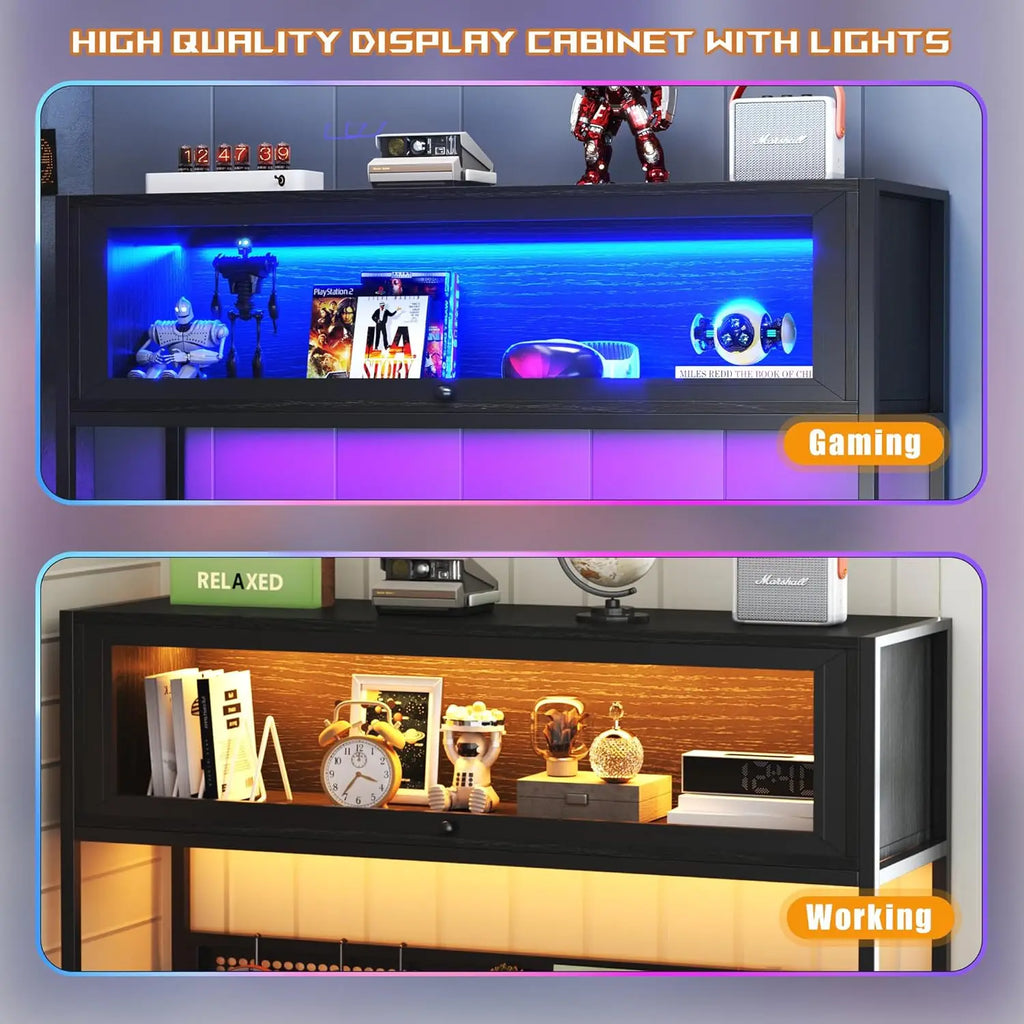 Escritorio para juegos en forma de L con tomas de corriente y luces LED, escritorio de computadora reversible de 49 pulgadas con estante superior, tablero perforado y vitrina