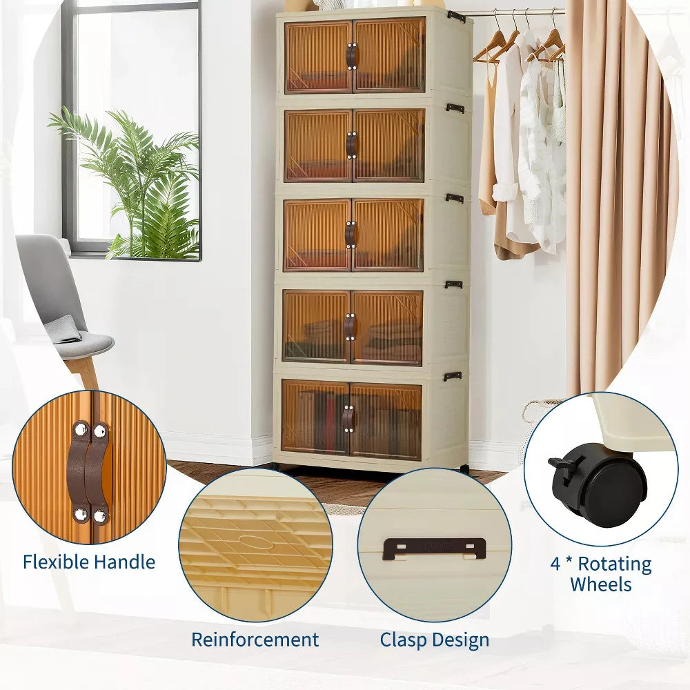 Organizador de Almacenamiento, Cajas de Almacenamiento de Ropa Apilables de 5 Niveles con Ruedas, Cajones Plegables para Ropa, Organizador de Armario para Dormitorio