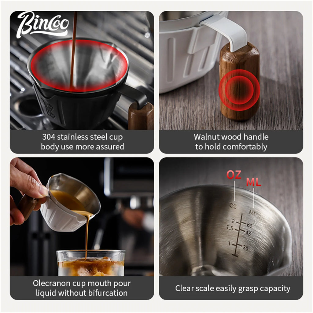 Vaso medidor de espresso profesional Bincoo, 90 ml, doble boquilla con mango de madera y escalas en ml/oz para control a nivel barista