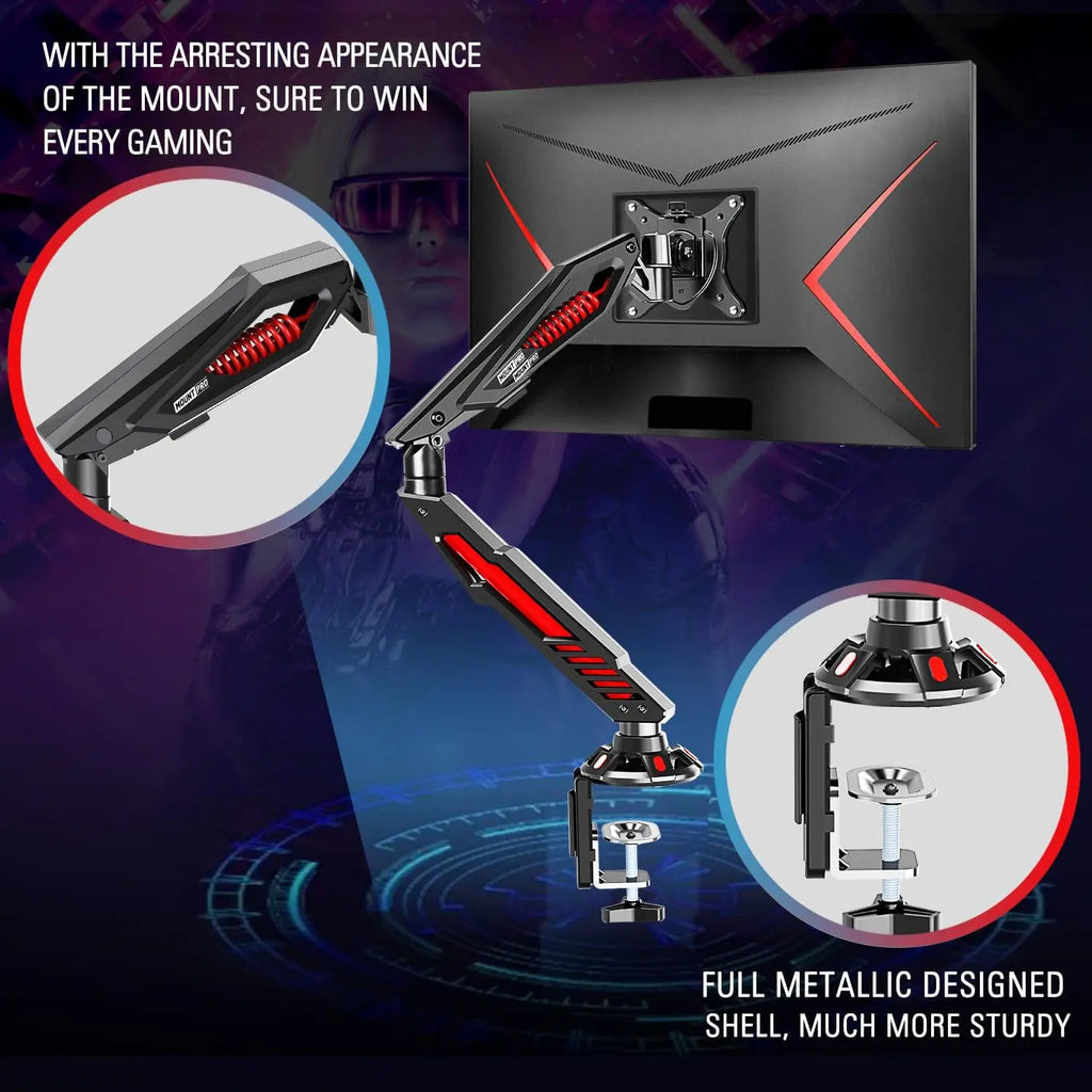 Brazo de monitor ajustable para videojuegos con resorte mecánico, abrazadera en C y base de ojal para pantallas de hasta 32", compatible con VESA