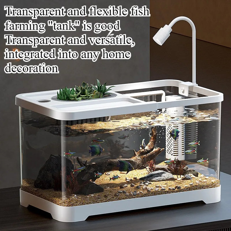 Acuario doméstico pecera de sala de estar de escritorio, tanque de circulación ecológica integrado con oxigenación y filtro, con tapa.