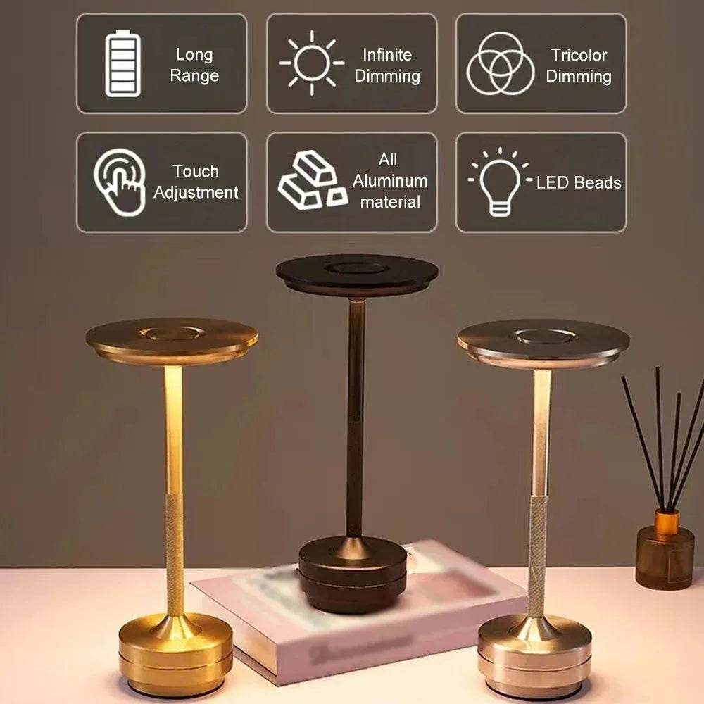 Lámpara de mesa decorativa inalámbrica simple con intensidad regulable infinita, ambiente clásico retro, portátil y recargable, lámpara de escritorio táctil