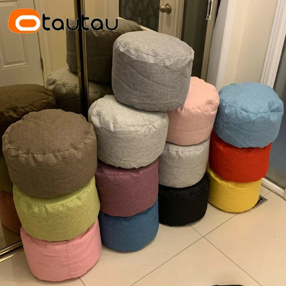 OTAUTAU Puf de lino con relleno Puf otomano reposapiés Tatami Taburete redondo Futón Puff Muebles de descanso