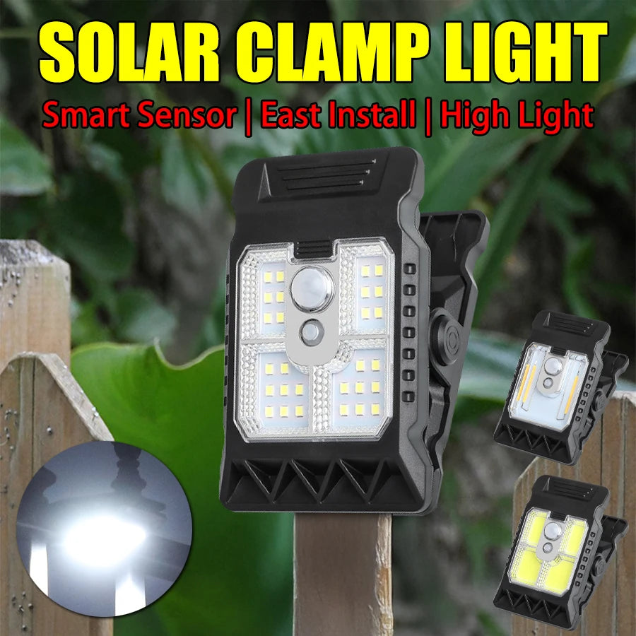 Luz solar LED para exteriores con clip, portátil, impermeable, sensor de movimiento, lámpara de patio, jardín, hogar, camping, luces de pared