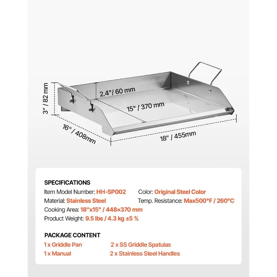 Plancha de Acero Inoxidable 18x16 pulgadas, Placa Rectangular Universal para Parrilla de Gas, Teppanyaki, Portátil, para Barbacoa Familiar, Co