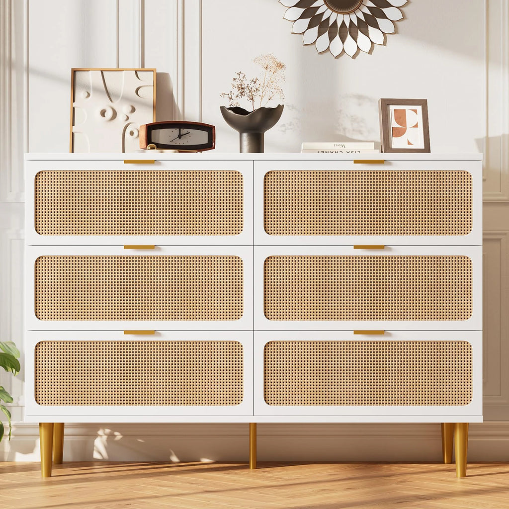 Cómoda de ratán de 6 cajones, cómoda de almacenamiento grande de ratán natural tejido a mano y madera con cajones profundos para dormitorio o sala de estar