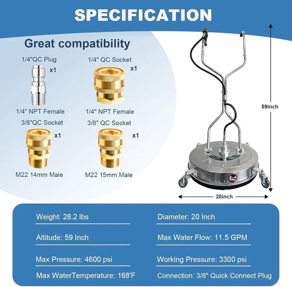 Limpiador de Superficies para Lavadora a Presión de 20 pulgadas y 4600 PSI con 4 ruedas y doble asa para limpiar calzadas, aceras, terrazas y patios
