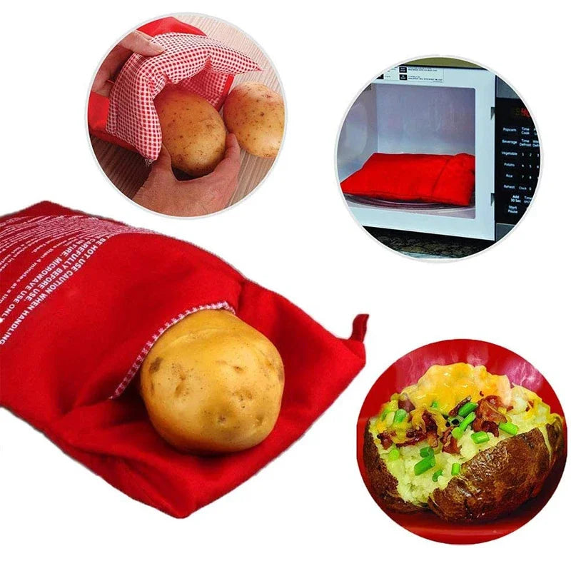 Bolsa de patatas para microondas, reutilizable, cocinador de patatas express para microondas, cocinador de patatas asadas, patatas perfectas en 4 minutos, bolsa de horno roja