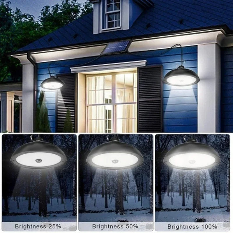 Lámpara colgante de doble cabeza LED solar para exterior, impermeable, con control remoto, para cobertizo interior, granero, tejado