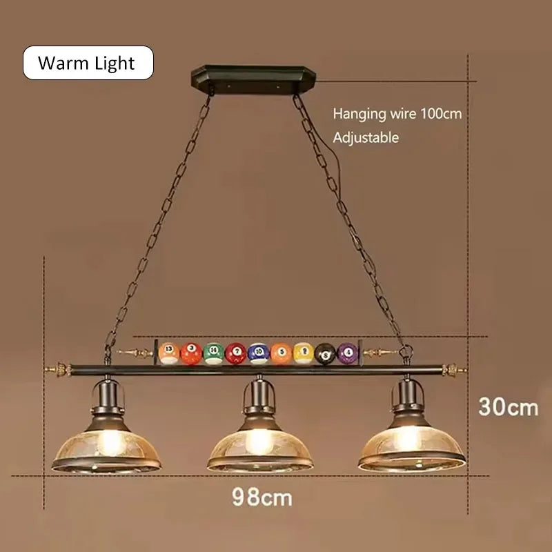 Lámpara Colgante Vintage de Billar con Tres Cabezas de Cristal, Lámpara Colgante Creativa, Lámpara de Techo Nostálgica para Restaurante/Cafetería