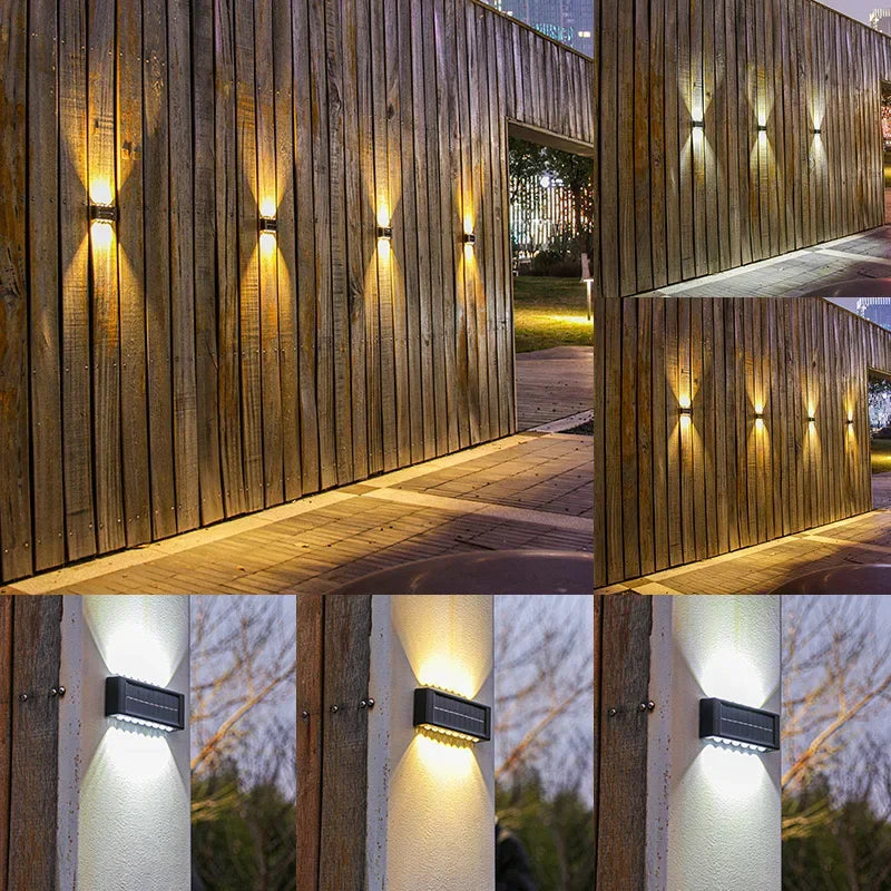 Luces solares de pared para exterior cálidas/blancas, lámpara solar de pared para porche con iluminación superior e inferior para jardín, calle, paisaje, balcón, patio