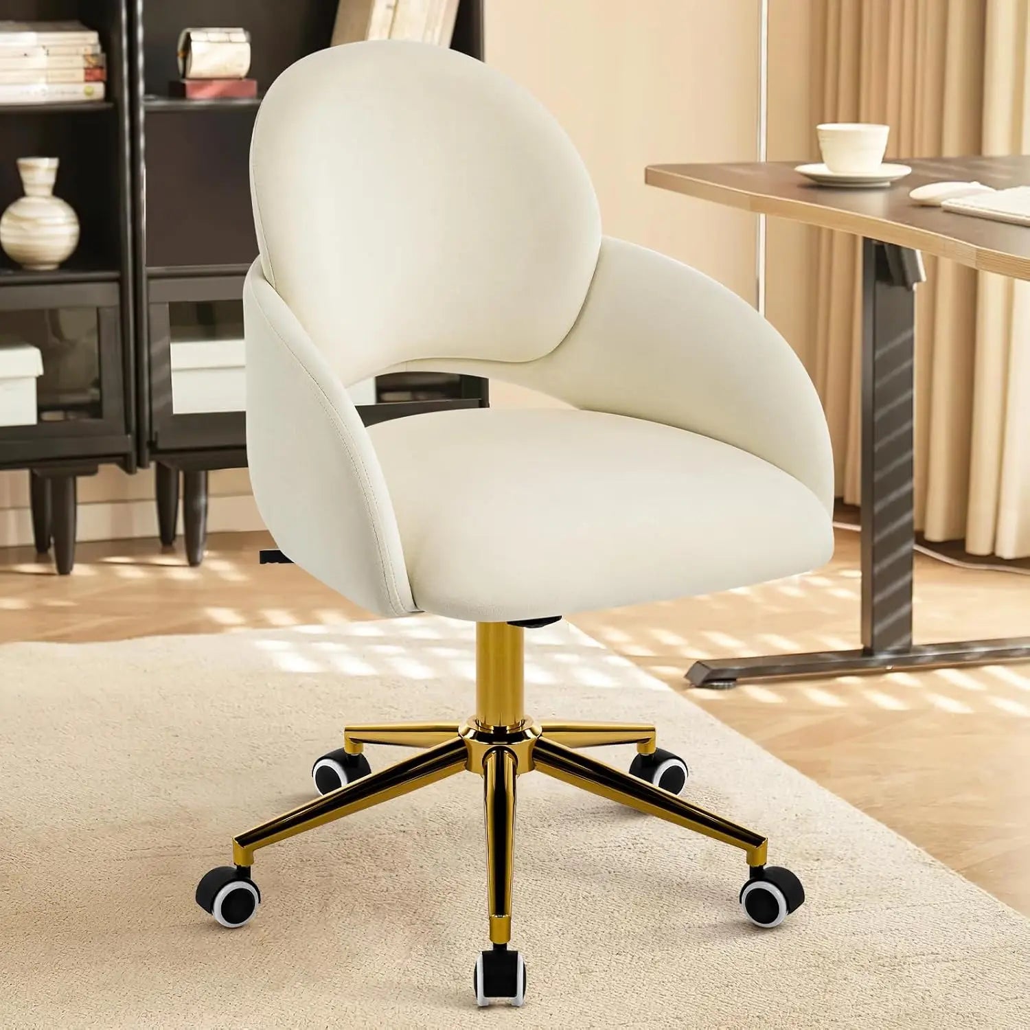 Silla de tocador con respaldo, bonita silla de escritorio con ruedas para niñas, silla decorativa tapizada sin brazos con altura de metal dorado