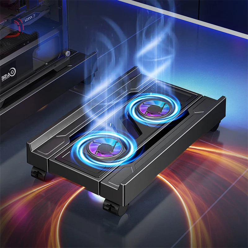 Soporte de torre de PC móvil, soporte de CPU de ordenador ajustable, soporte telescópico de escritorio para CPU, carrito de CPU con ventilador de refrigeración RGB, disipación de calor